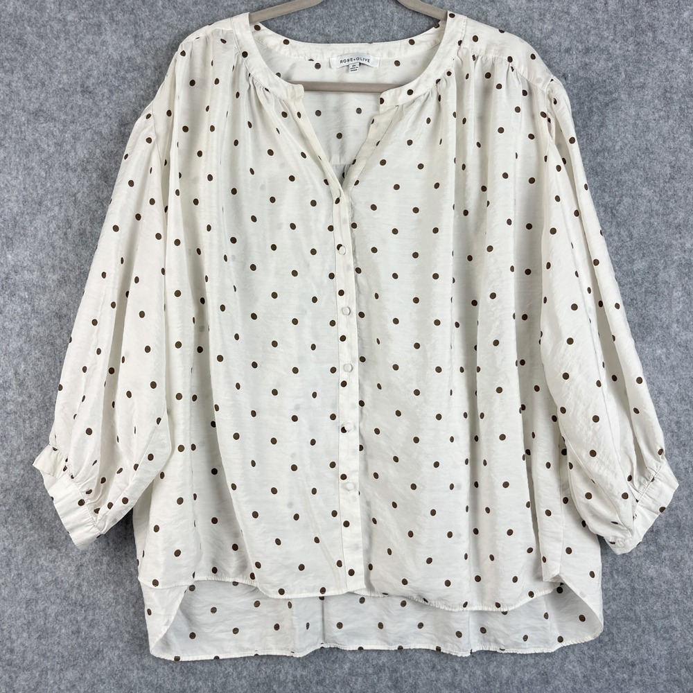 Rose & Olive Top Woman 2X Ivory Polka Dot 3/4 Sleeve Button Up Lightweight Boho